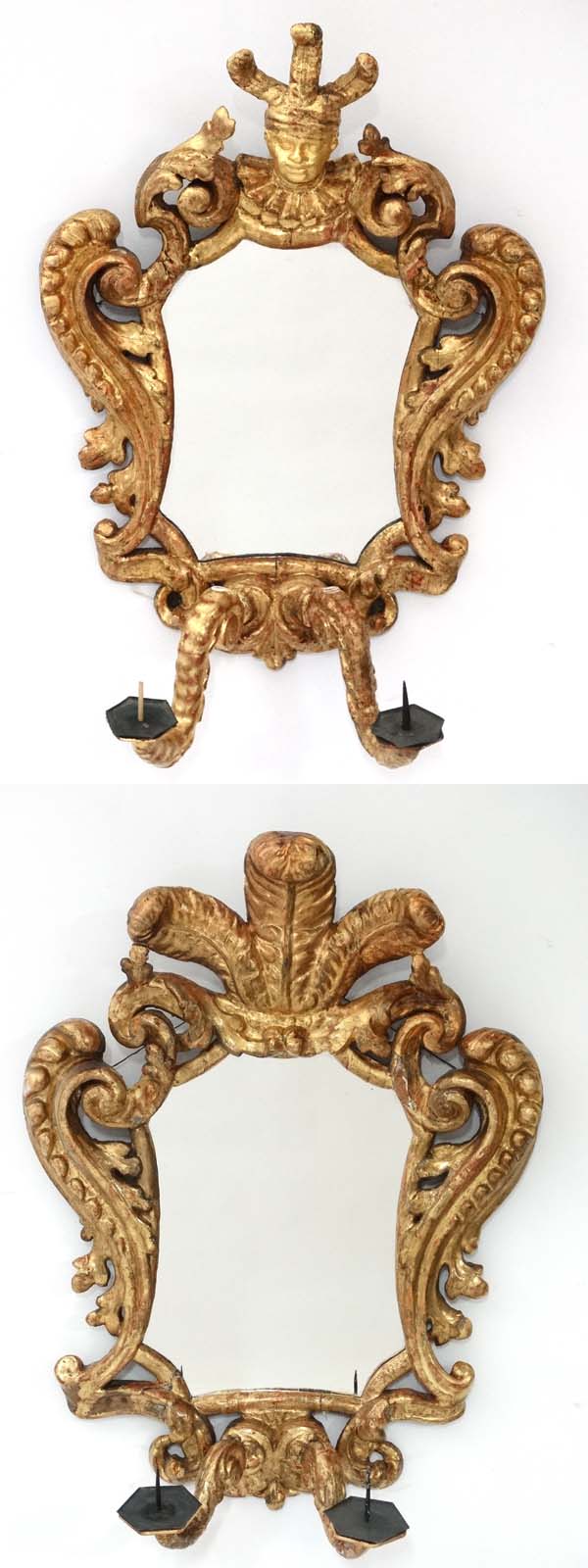 A pair of 18 th / 19thC gilded carved wooden Italian Gironadole mirrors each with twin branch