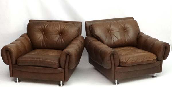 Vintage Retro : A pair Danish Lounge chairs with button and leather back decoration and strapped - Image 3 of 5