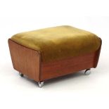 Vintage Retro : a most unusual 1960's teak stool with chromium plated castors and green velvet