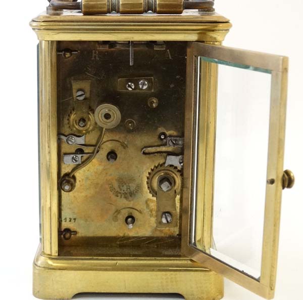 Carriage Clock : a VR Brevete Paris marked 5 glass carriage clock ( one side missing) with platform - Image 2 of 6