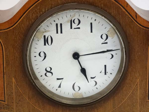 Clock : an early 20 thC mahogany mantle timepiece clock with French platform movement behind an - Image 7 of 7