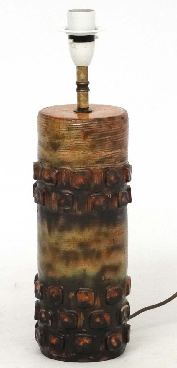 Vintage Retro : a 1970's cylindrical stoneware table lamp with incised and squared decoration in