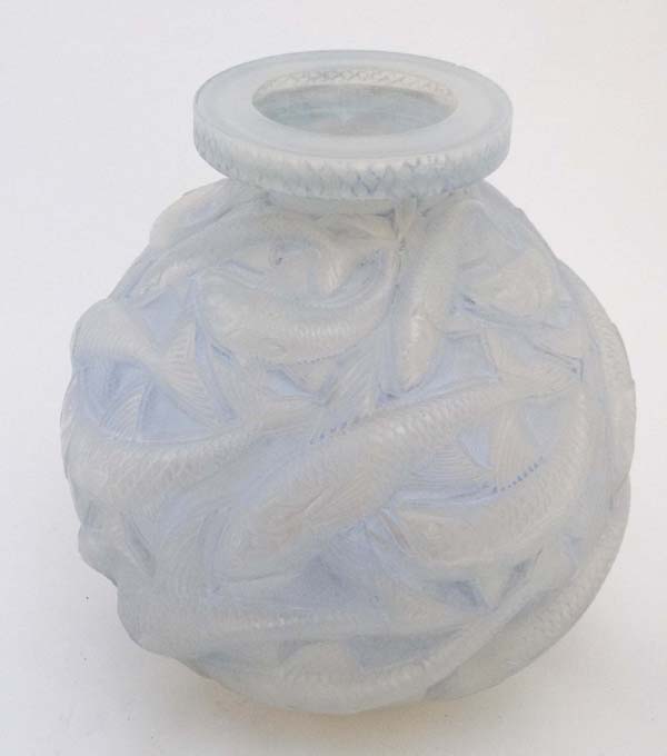 Lalique: A c1928 R Lalique blue glass'' Salmonides '' Vase, number 1015,