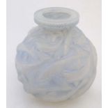 Lalique: A c1928 R Lalique blue glass'' Salmonides '' Vase, number 1015,