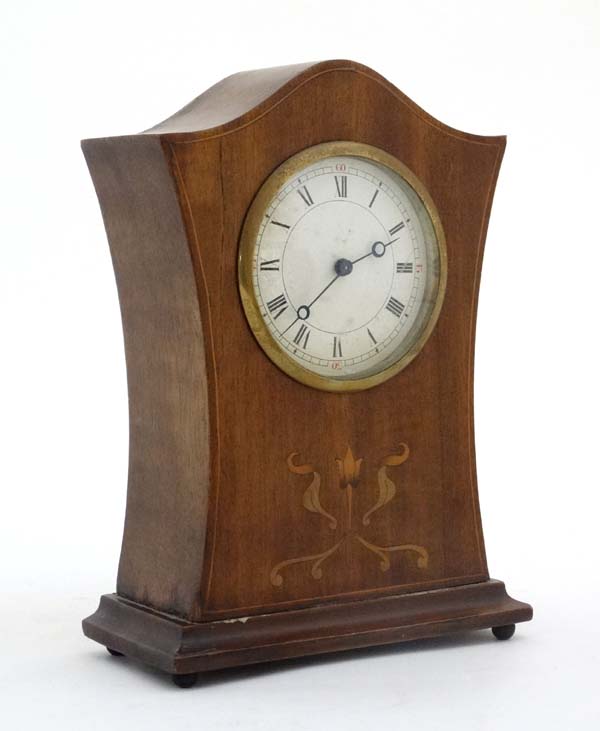 Swiss Mantle Clock : an inlaid 3 1/2" dial timepiece with inlaid and shaped case, - Image 3 of 7