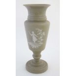 A Victorian sage coloured opaque glass vase with white enamelled Mary Gregory style decoration 13
