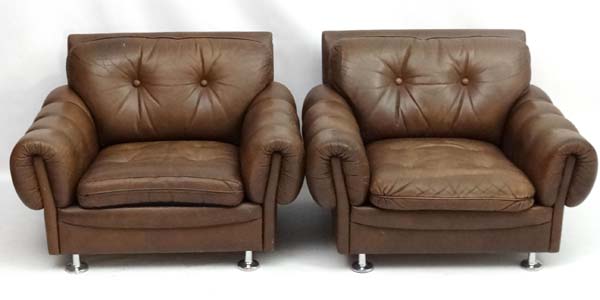 Vintage Retro : A pair Danish Lounge chairs with button and leather back decoration and strapped - Image 2 of 5