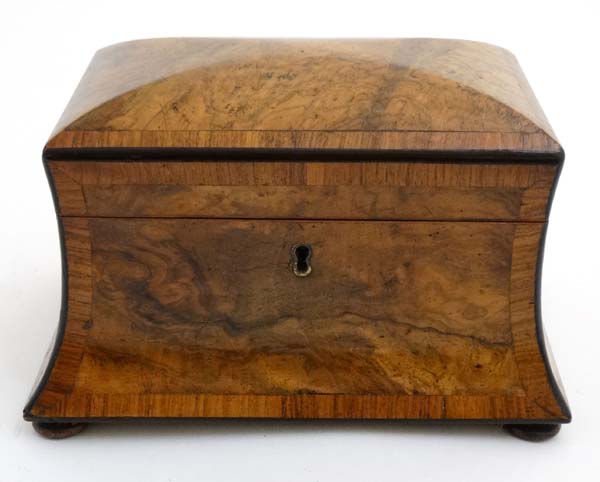 A Victorian burr walnut cross banded concave 2 division tea caddy on squat bun feet. - Image 3 of 9