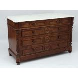 A late 19thC Continental walnut commode having grey marble top over two short and three long