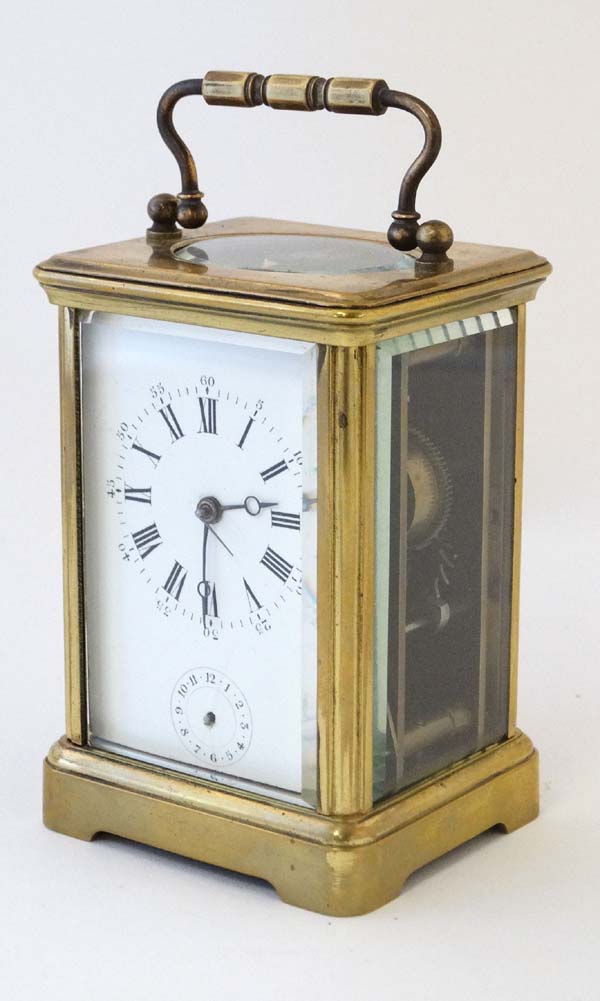 Carriage Clock : a VR Brevete Paris marked 5 glass carriage clock ( one side missing) with platform - Image 5 of 6