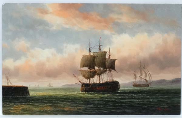 James Hardy XX Marine School, Oil on panel, Warships off a harbour, Signed in red lower right,