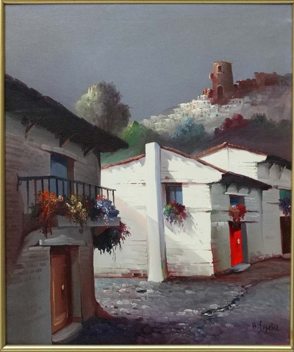 H Sopena XX-XXI, Oil on canvas, A typical Spanish village, Signed lower right, 21 3/4 x 18". - Image 4 of 6