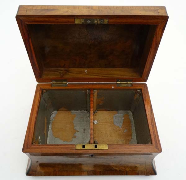 A Victorian burr walnut cross banded concave 2 division tea caddy on squat bun feet. - Image 9 of 9