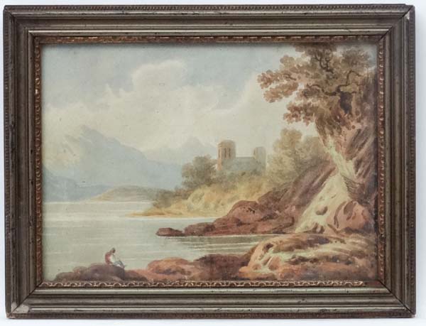 XIX English School, Watercolour, Romantic scene of a figure sat besides a loch,