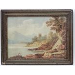 XIX English School, Watercolour, Romantic scene of a figure sat besides a loch,