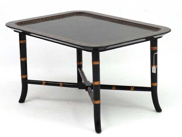 A Regency style faux bamboo papier-mache coffee table with ebonised and gilt, - Image 3 of 4