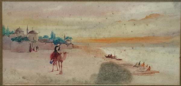 Late XIX North African School, Watercolour, Figures, camel and buildings at sea's edge, - Image 3 of 3