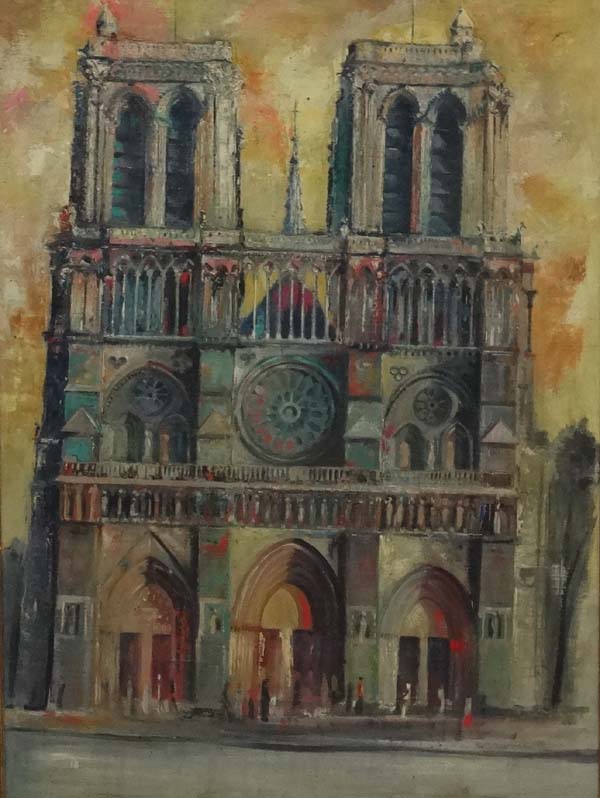 Circle of John Piper (1903-1992), Oil on canvas laid on board, A view of Notre Dame cathedral. - Image 3 of 3