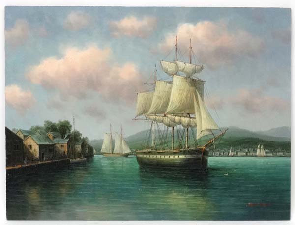 James Hardy XX Marine School, Oil on panel, Armed merchantman off a Scandinavian harbour,
