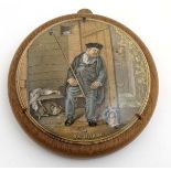 A Staffordshire Pratt Ware '' On Guard '' coloured pot lid mounted on wooden base. 4 1/4'' diameter.