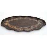 A late 19thC Art Nouveau plannished copper oval tray 18 1/4" long x 9 3/4" wide and approx 5/8"