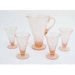 Art Deco : a peach glass lemonade jug with four matching glasses.