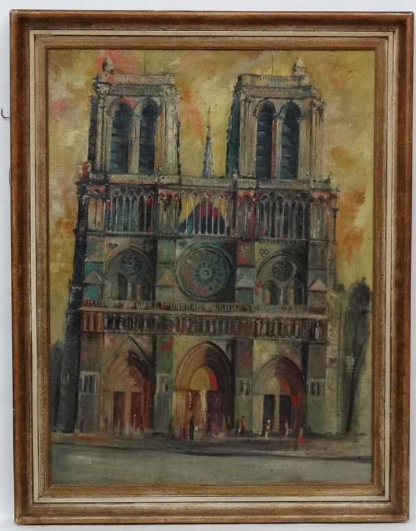 Circle of John Piper (1903-1992), Oil on canvas laid on board, A view of Notre Dame cathedral.