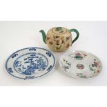 A collection of three Chinese ceramic items , to include A small Chinese teapot ,