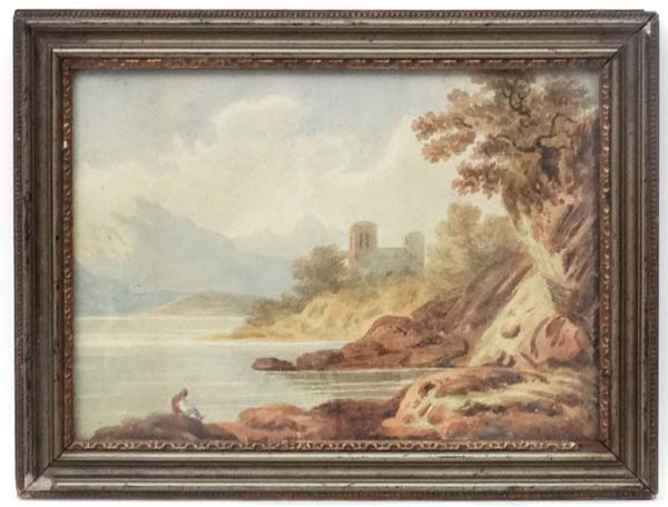 XIX English School, Watercolour, Romantic scene of a figure sat besides a loch, - Image 3 of 4