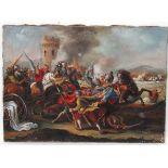 Follower of Borgianni XIX - XX, Oil on canvas, Battle scene w, 19 1/2 x 27 1/2".