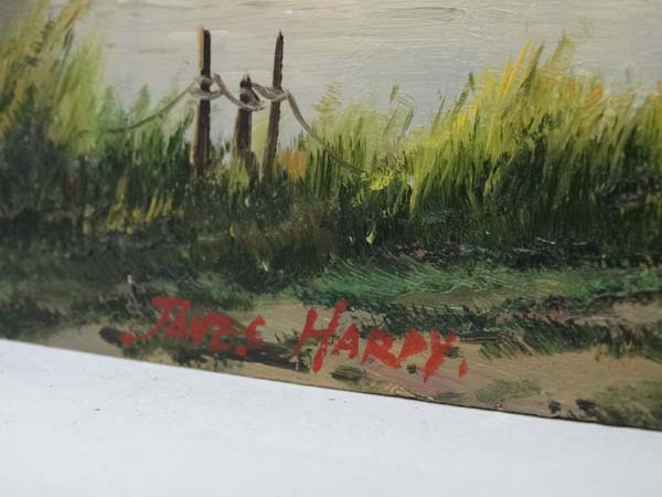 James Hardy XX Marine School, Oil on panel, Dutch barge in an estuary, Signed in red lower left, - Image 3 of 3