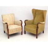 Vintage Retro : A pair of Danish armchairs with showwood hand ends going down to feet,