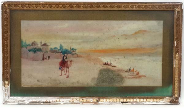 Late XIX North African School, Watercolour, Figures, camel and buildings at sea's edge,