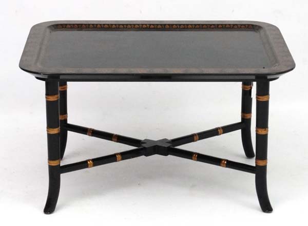 A Regency style faux bamboo papier-mache coffee table with ebonised and gilt, - Image 2 of 4