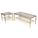 Mid Century / Hollywood Regency : Two smoked glass low tables with gated under tiers.