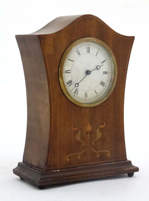 Swiss Mantle Clock : an inlaid 3 1/2" dial timepiece with inlaid and shaped case,