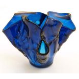 Art Glass : A blue glass pot / vase of handkerchief style.