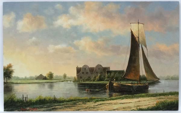 James Hardy XX Marine School, Oil on panel, Dutch barge in an estuary, Signed in red lower left,