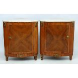 J B Vassou : A pair of mid - late 18thC tulip and kingwood white marble topped corner cabinets