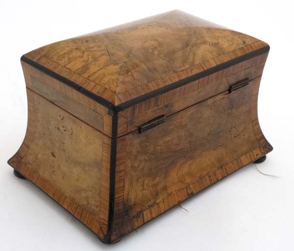 A Victorian burr walnut cross banded concave 2 division tea caddy on squat bun feet. - Image 4 of 9