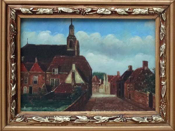 Indistinctly Signed XX Dutch School, Oil on panel , a pair, Town scenes , one with figures, - Image 3 of 4