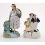 A mid 19thC Staffordshire pottery figure of a girl in floral pink with straw hat carrying a basket