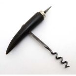 Corkscrew / Wine bottle Opener : a late 19th C Cow horn handle and spike Cork Screw ,