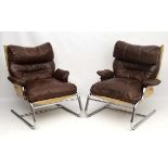 Vintage Retro : a pair of Danish chrome and brown stitched leather cantelever armchairs ,