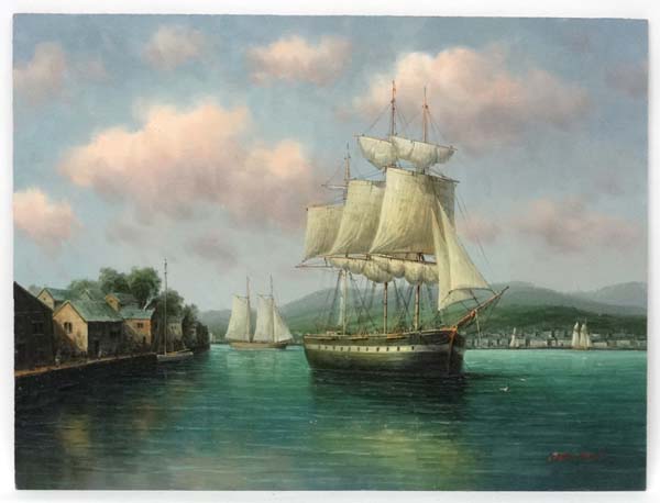 James Hardy XX Marine School, Oil on panel, Armed merchantman off a Scandinavian harbour, - Image 3 of 4