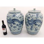 A large pair of Chinese blue and white lidded ovoid rice jars,
