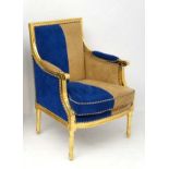 A gilt and blue beige upholstered fauteuil armchair 37 1/2" high x 26 2/3" wide