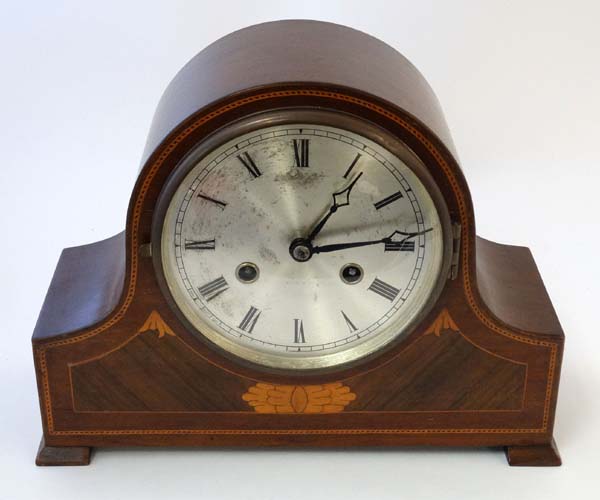 Harold 8 day Mahogany Mantel Clock :a signed inlaid case clock striking on a coiled gong, - Image 5 of 9