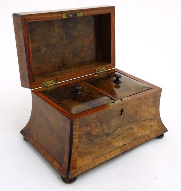 A Victorian burr walnut cross banded concave 2 division tea caddy on squat bun feet. - Image 6 of 9