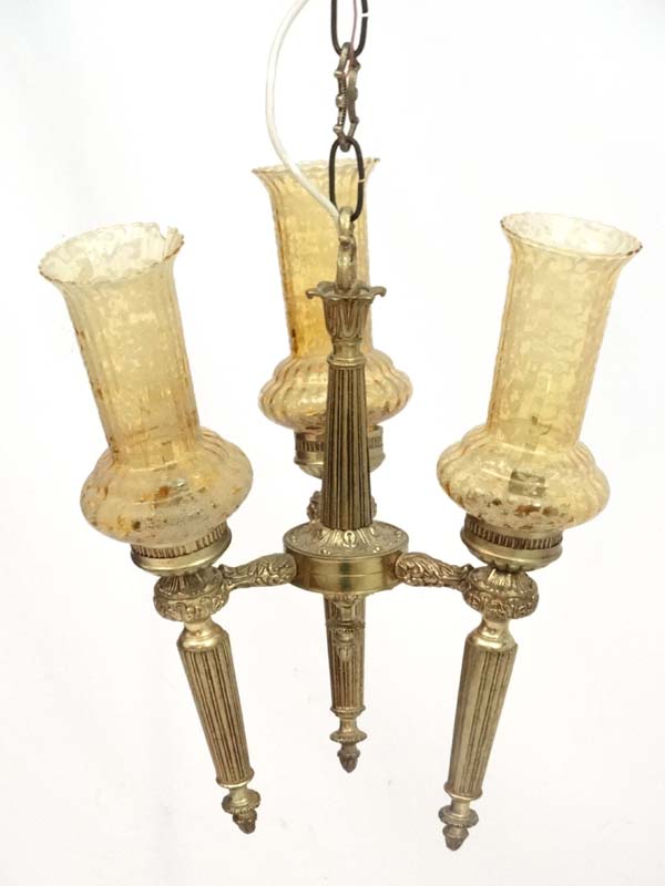 Light : a circa 1978 Neo - Classical electroliere in the form of three brass torches united , - Image 5 of 6